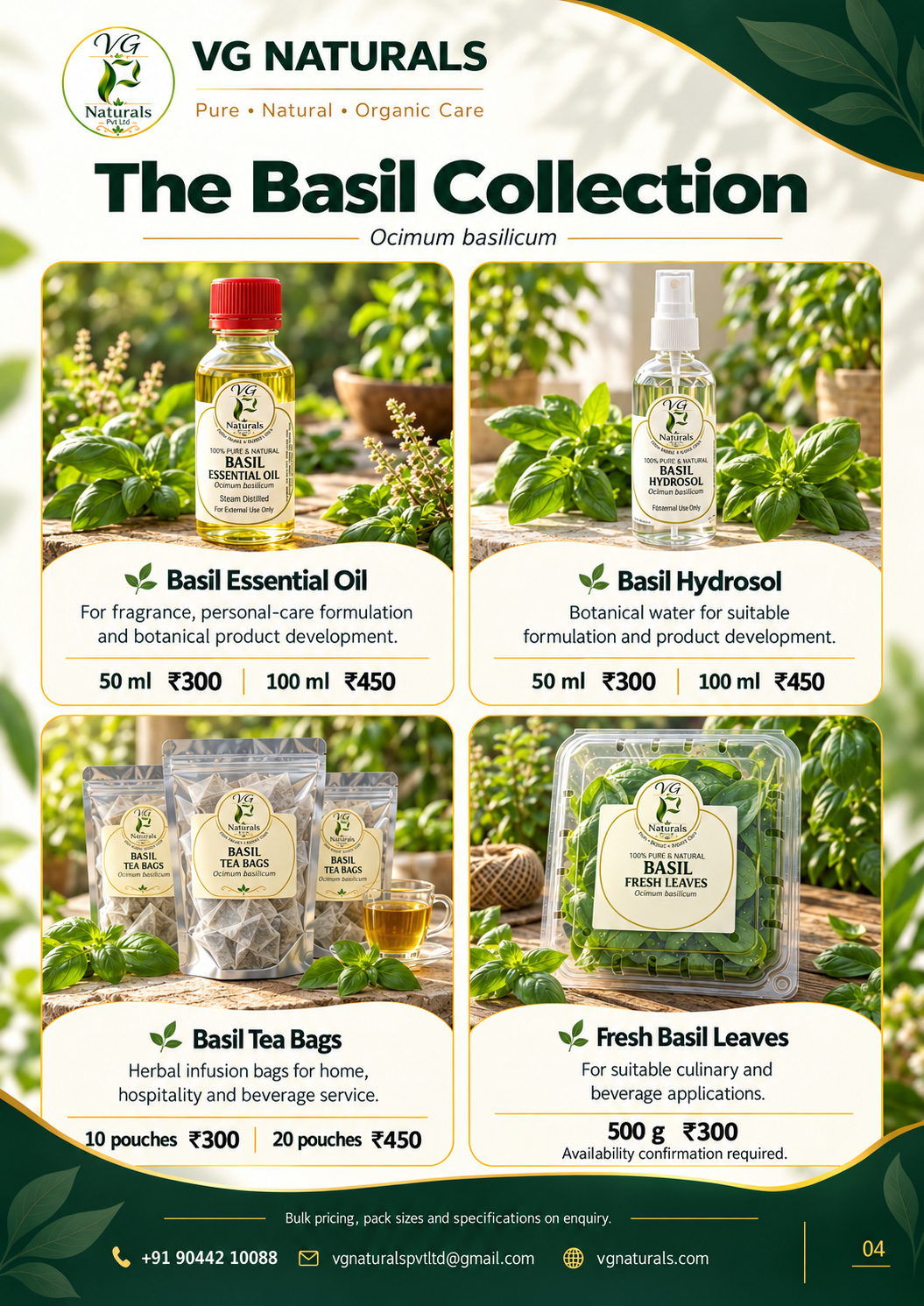 VG Naturals catalogue page 4 — The Basil Collection — Ocimum basilicum