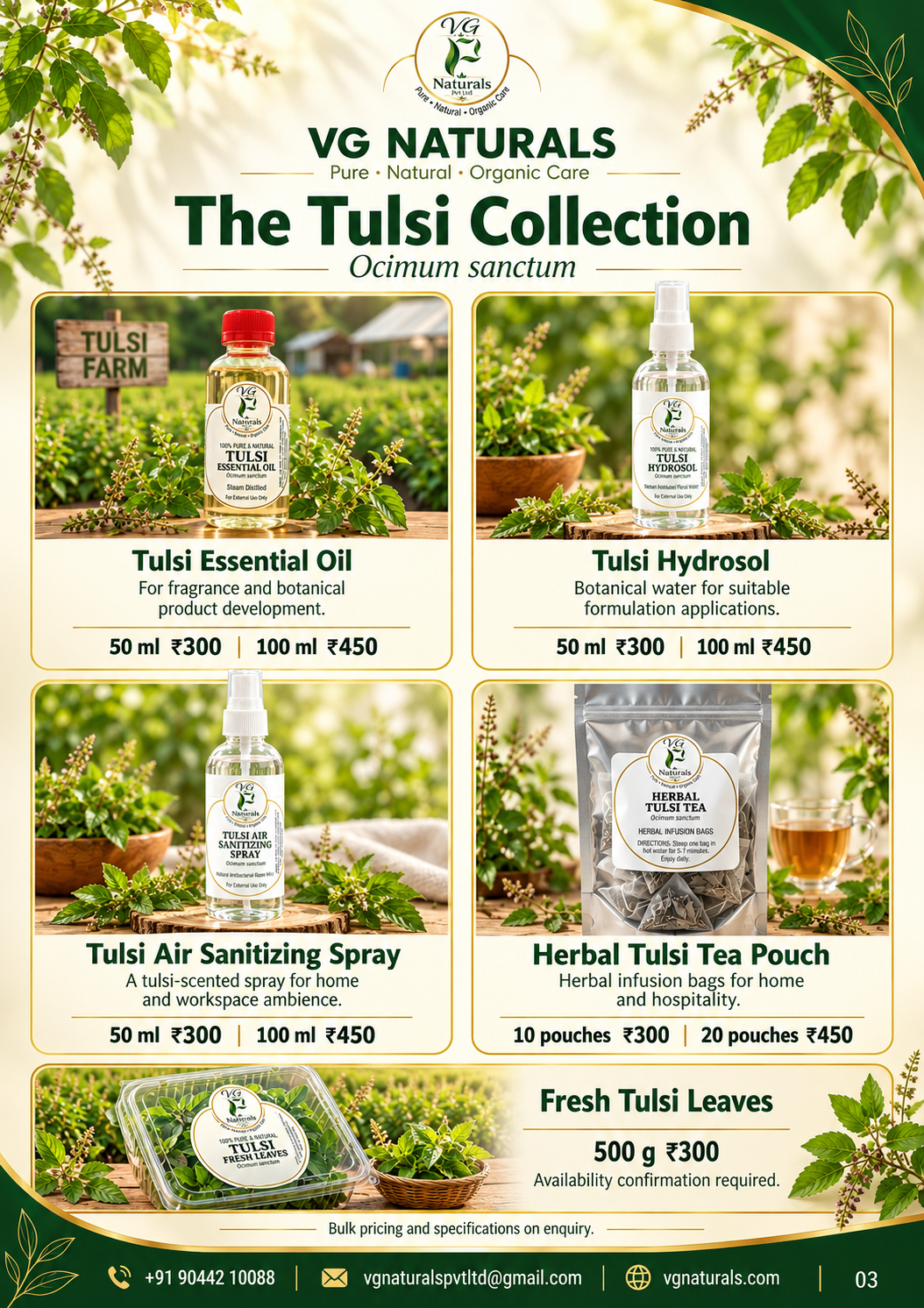VG Naturals catalogue page 3 — The Tulsi Collection — Ocimum sanctum