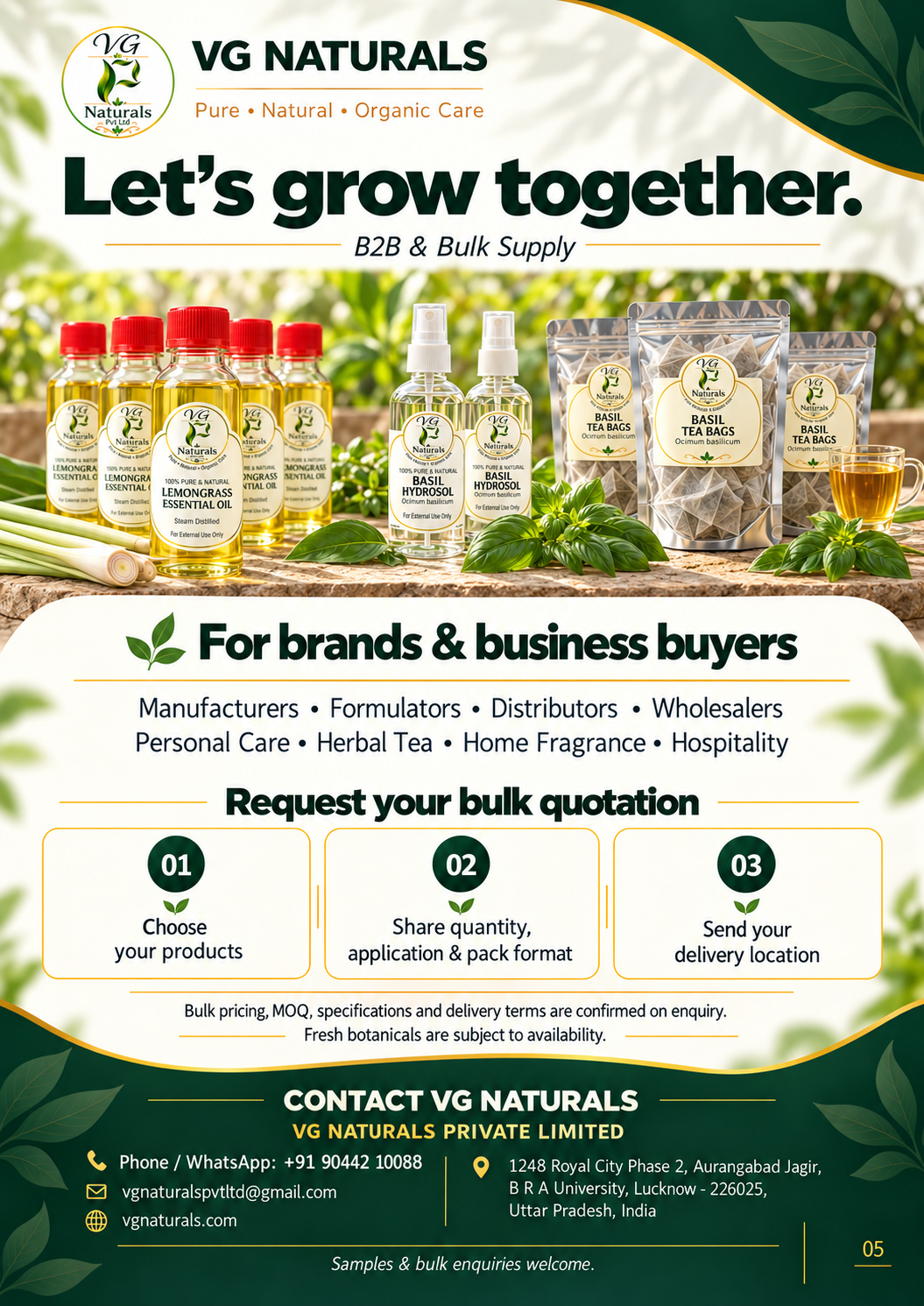 VG Naturals catalogue page 5 — B2B & Bulk Supply — Contact